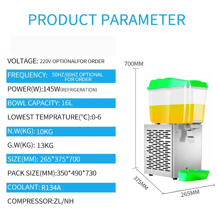 Caterwin Commercial Beverage Processing Machinery 4.2 Gallon Green Single Tank Refrigerated Juice Dispenser Fruit Beverage Dispenser